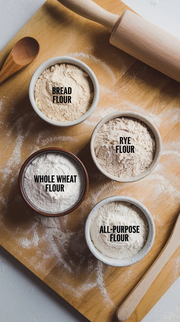 Flat-lay of bowls containing bread flour, rye flour, whole wheat flour, and all-purpose flour, each labeled to highlight their unique impact on sourdough starter texture.