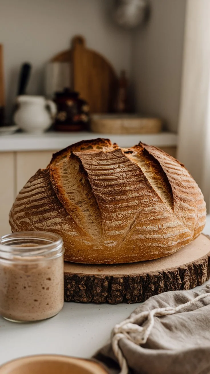 Freshly baked sourdough loaf with a golden crust on a rustic wooden table."