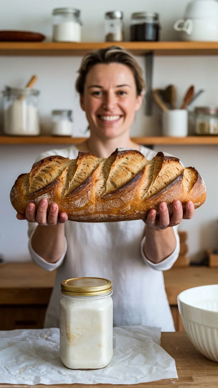 Happy baker holding a golden sourdough loaf next to a jar of active sourdough starter on a clean kitchen counter.