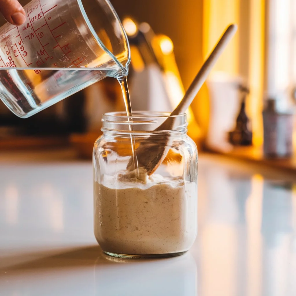 Step-by-step process of adjusting sourdough starter consistency with water added to a thick starter in a clear glass bowl.