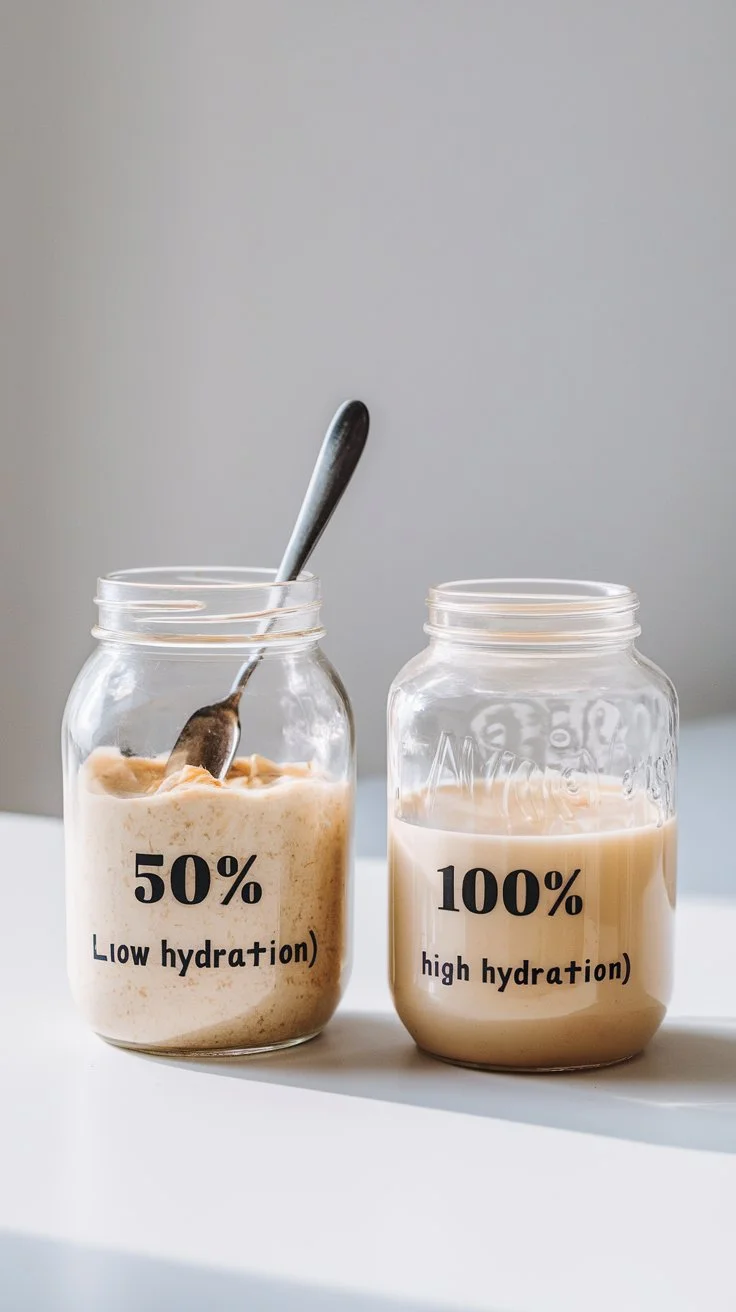 Two glass jars displaying sourdough starters; one thick and dough-like, representing low hydration, and the other runny and bubbly, showcasing high hydration.